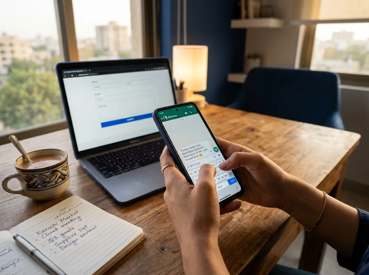 Hands typing a message on a phone, with a contact form open on a laptop and a cup of chai on the desk