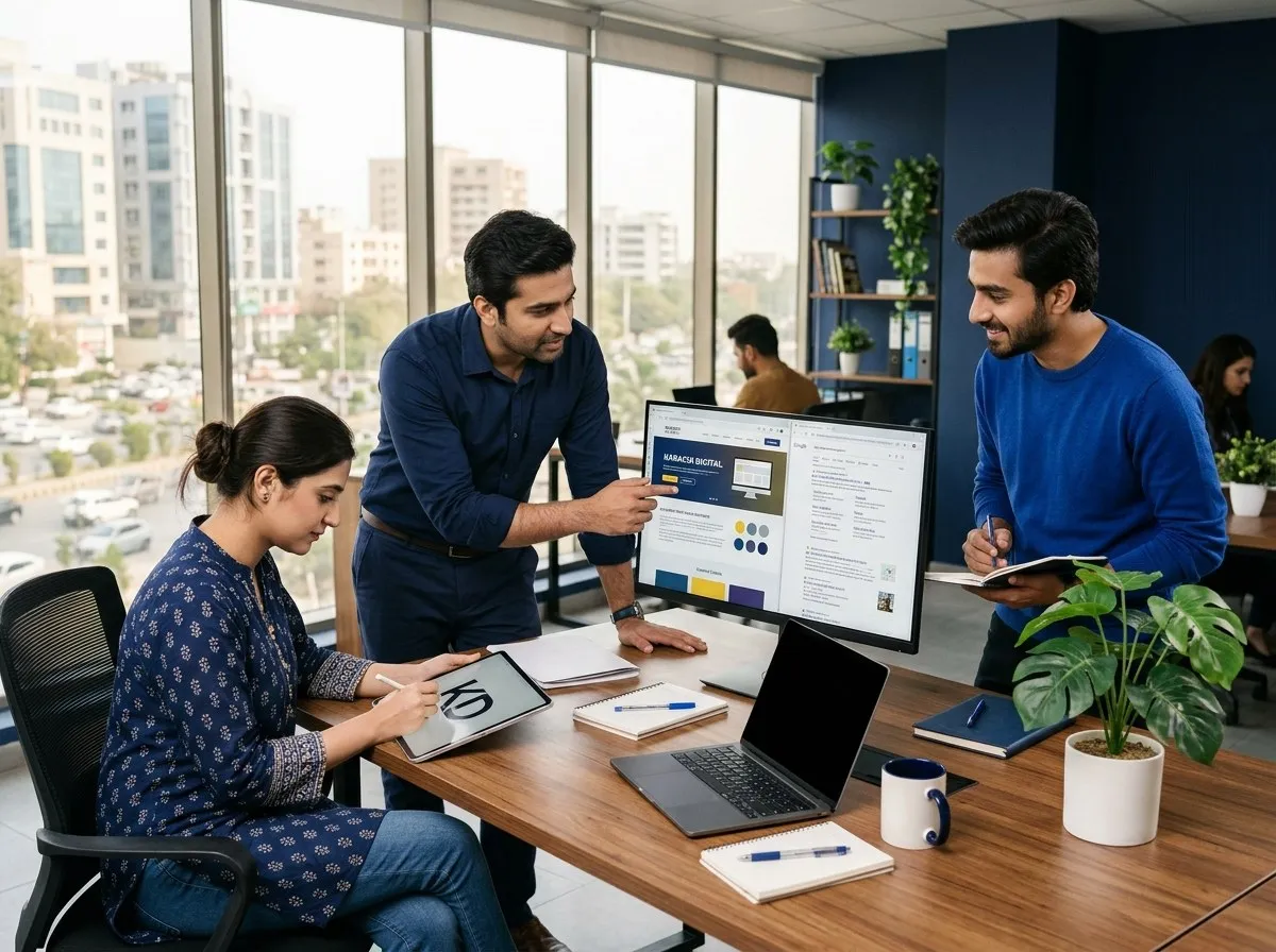 Three members of a digital marketing team reviewing a website and a search results page in an office