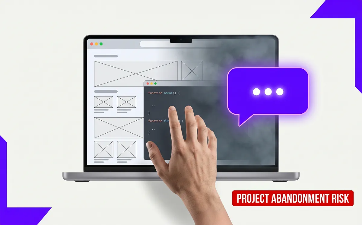 Laptop screen showing an unfinished app wireframe and code with a glowing chat bubble and project abandonment risk label, illustrating the danger of a freelancer going dark mid-project