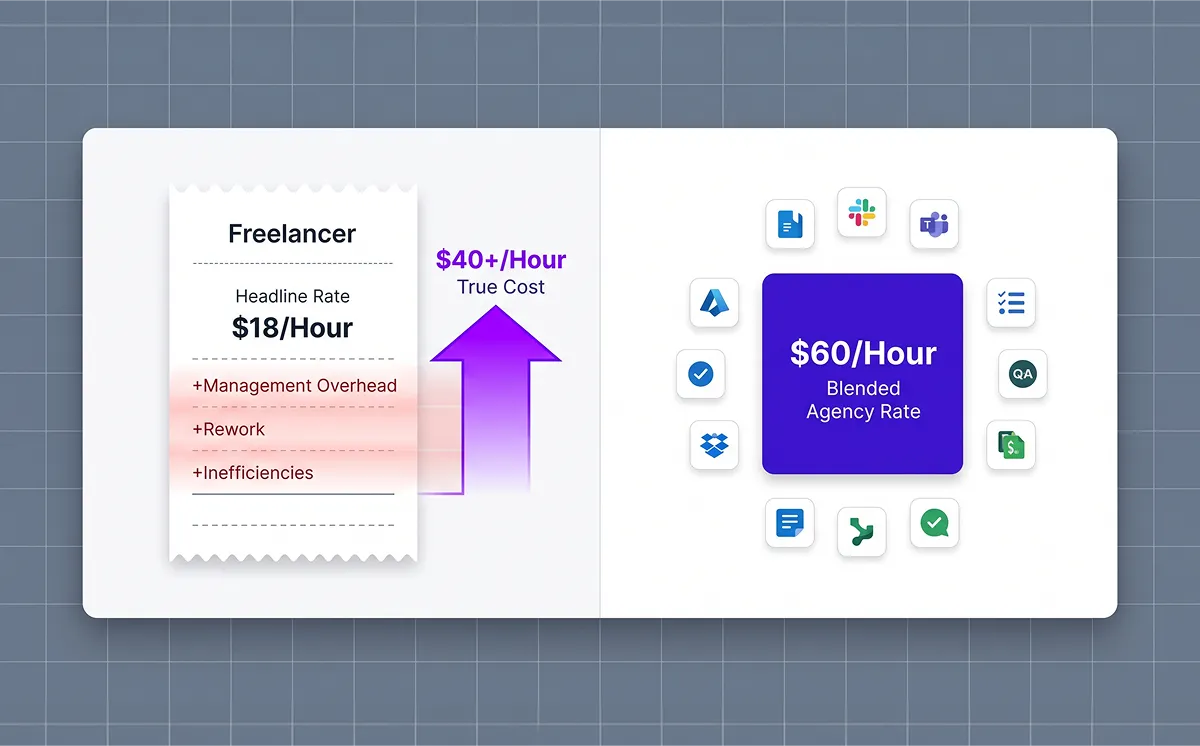 Infographic showing a freelancer's $18/hour headline rate rising to $40+ true cost after management overhead, rework, and inefficiencies, compared to a $60/hour blended agency rate
