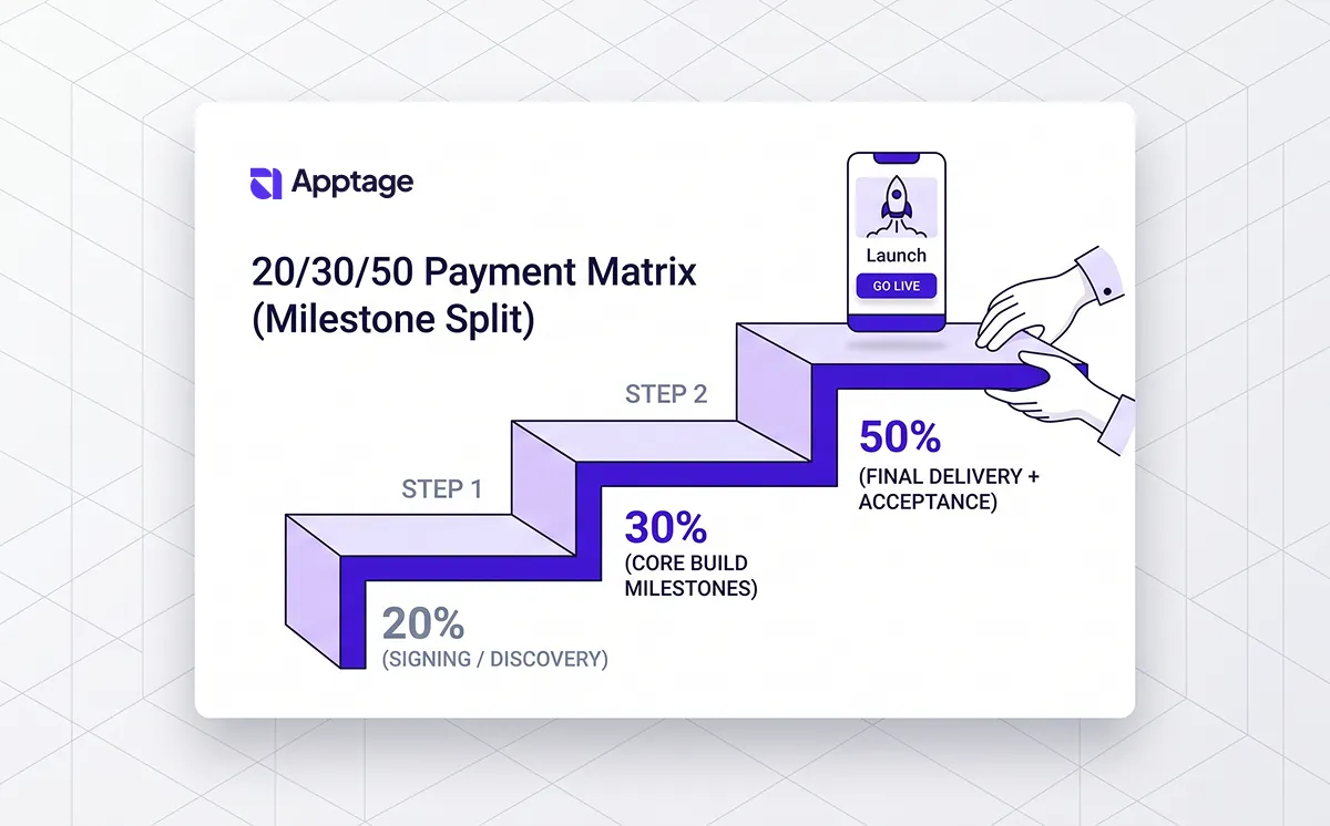 20/30/50 milestone payments software development structure staircase infographic by ObtainTek
