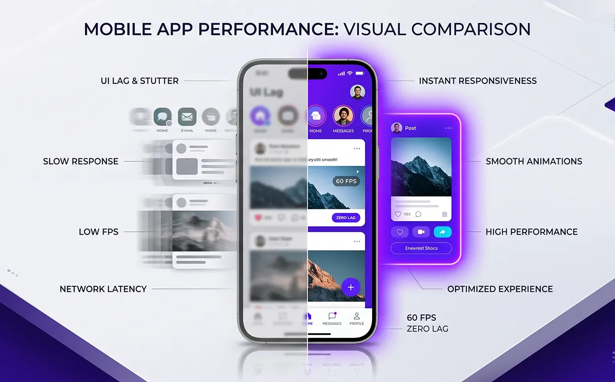 Mobile app performance comparison showing UI lag and low FPS vs 60 FPS smooth animations on React Native new architecture