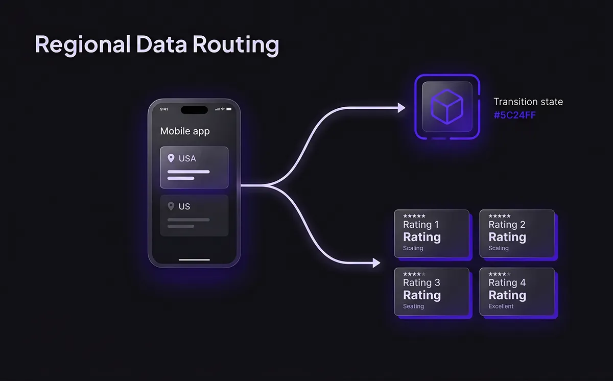 Regional data routing diagram showing one mobile app receiving four different App Store age ratings by country