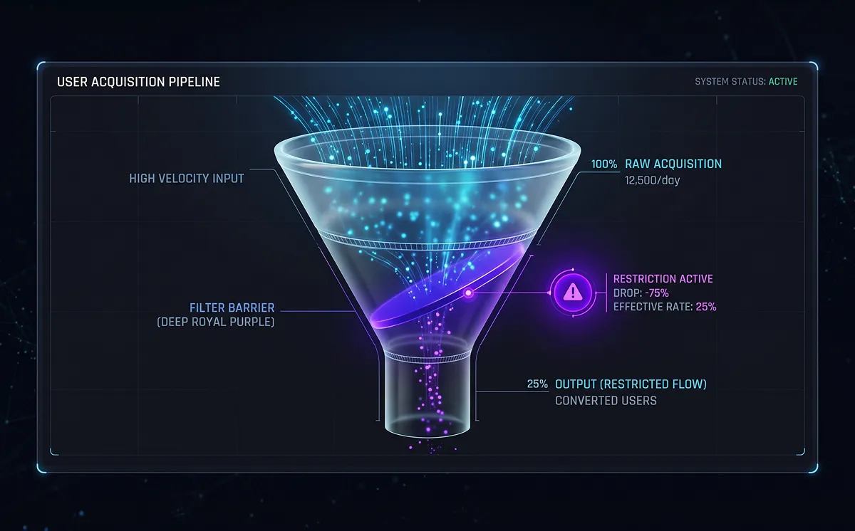 User acquisition funnel showing 75% drop in converted users caused by App Store age rating restriction barrier