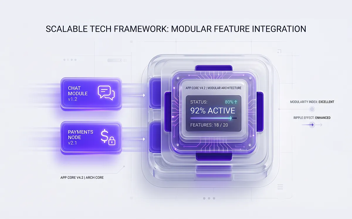 Modular app framework showing chat and payments features that trigger App Store age rating questionnaire updates
