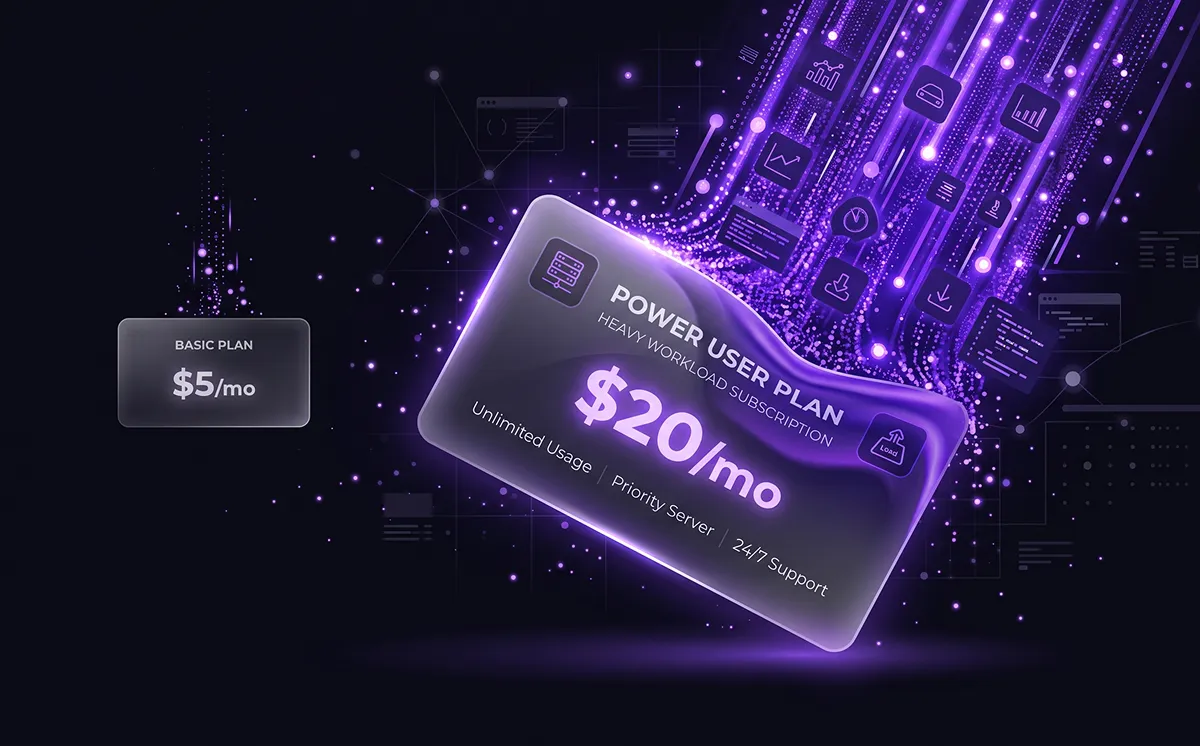 Flat $20 unlimited power user plan card showing the pricing trap that ignores AI token costs per heavy user