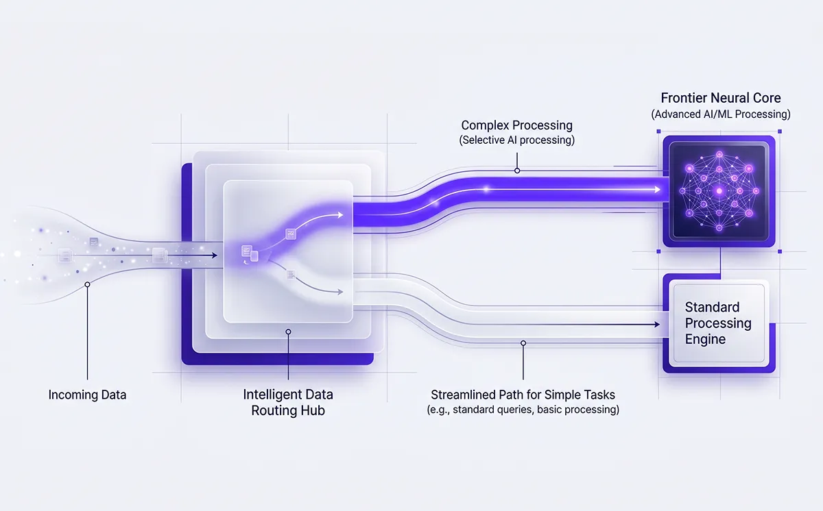 Tiered AI routing diagram sending simple queries to standard engine to reduce AI token costs on complex requests