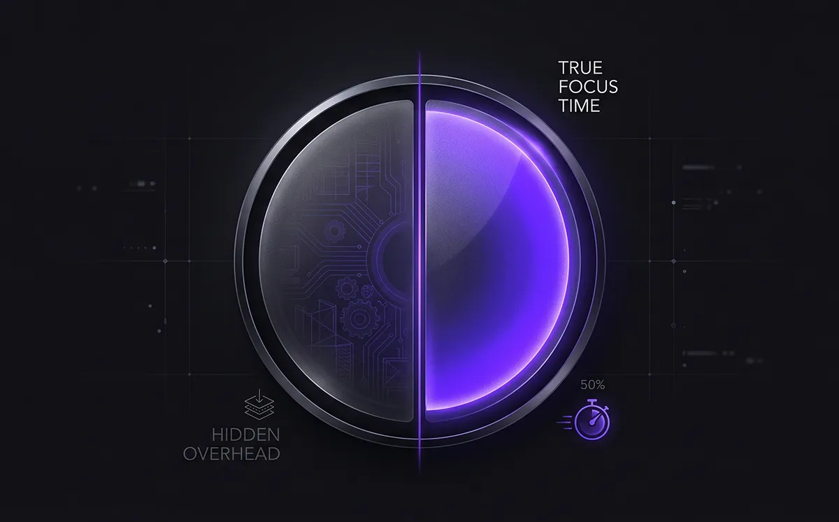 Split dial showing hidden overhead vs true focus time at 50% illustrating the sprint capacity planning focus factor rule
