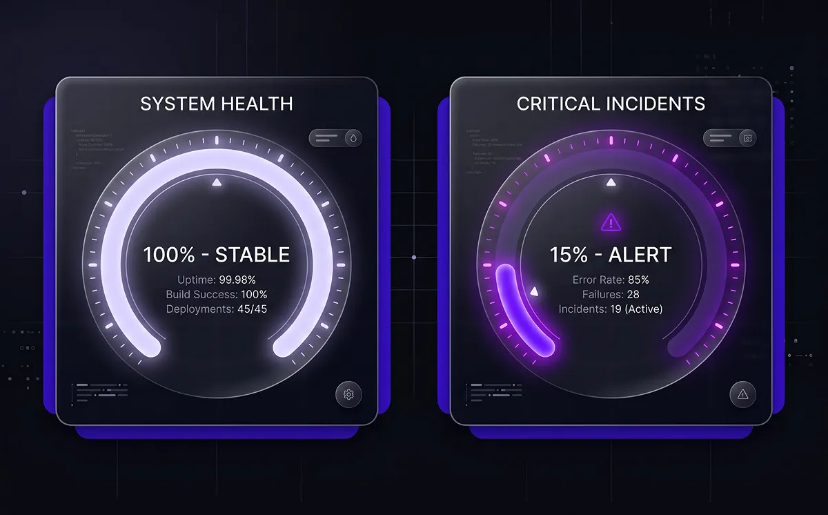 System health vs critical incidents gauge showing 85% error rate when sprint capacity planning ignores unplanned work