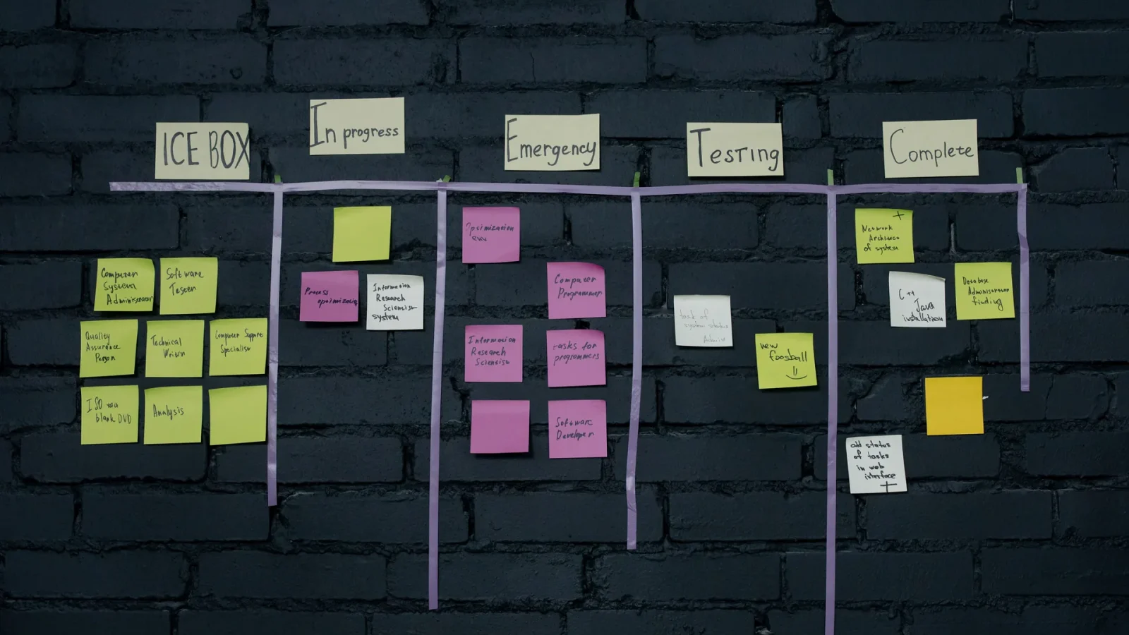 Top-down view of an office Kanban board with colorful sticky notes for task management and organization.